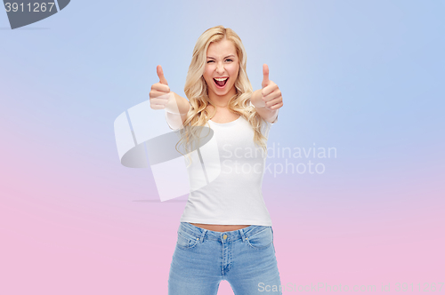 Image of happy young woman or teenage girl in white t-shirt