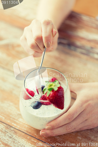 Image of close up of woman hands with yogurt and berries