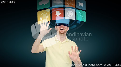 Image of happy man in virtual reality headset or 3d glasses