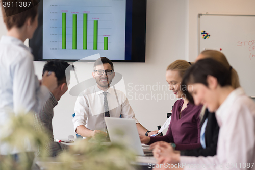 Image of young business people group on team meeting at modern office