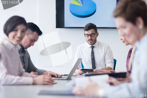 Image of young business people group on team meeting at modern office