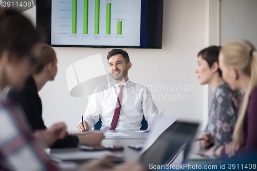 Image of young business people group on meeting at office