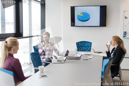 Image of young business people group on meeting at modern office