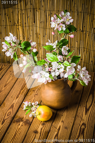 Image of Ripe apple and blossoming branch of an apple-tree in a clay jar,