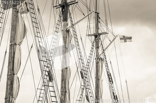 Image of Mast and sailboat rigging, toning