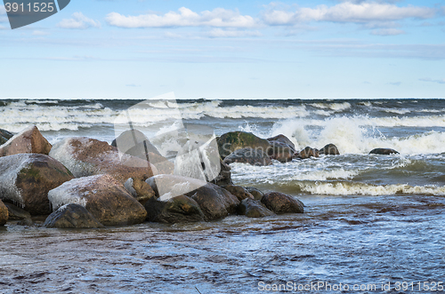 Image of Sea waves breaking on the rocks, seascape