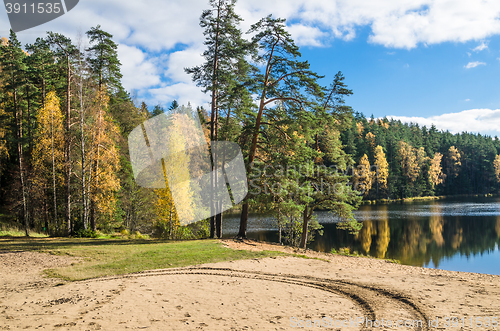 Image of Beautiful autumn landscape with forest Lake  