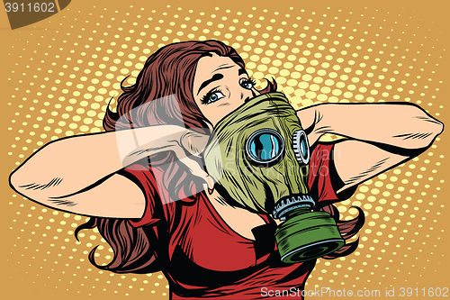 Image of Civil defence girl wears a protective gas mask