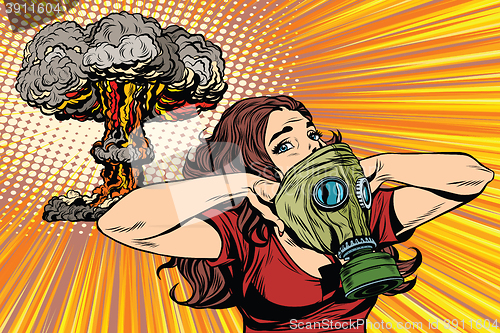 Image of Nuclear explosion radiation hazard gas mask girl