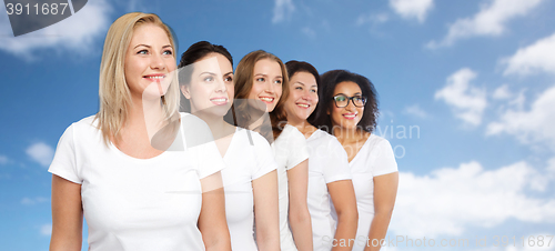 Image of group of happy different women in white t-shirts