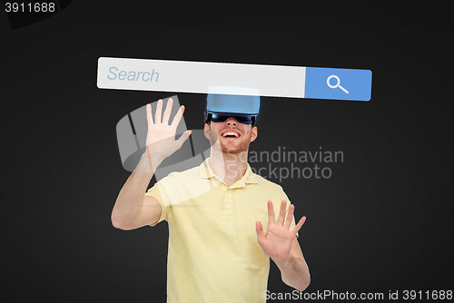 Image of happy man in virtual reality headset or 3d glasses