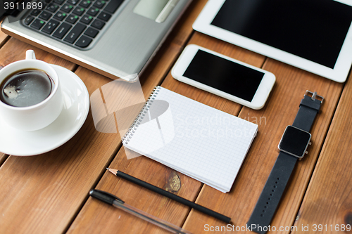 Image of close up of on laptop, tablet pc and smartphone