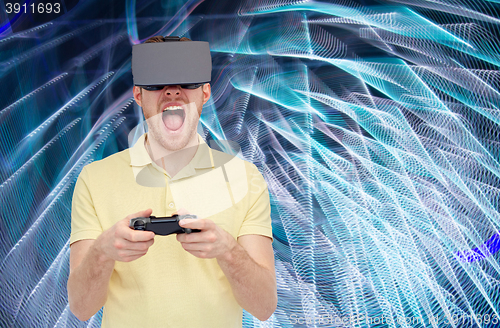 Image of man in virtual reality headset or 3d glasses