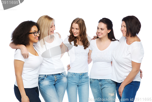 Image of group of happy different women in white t-shirts