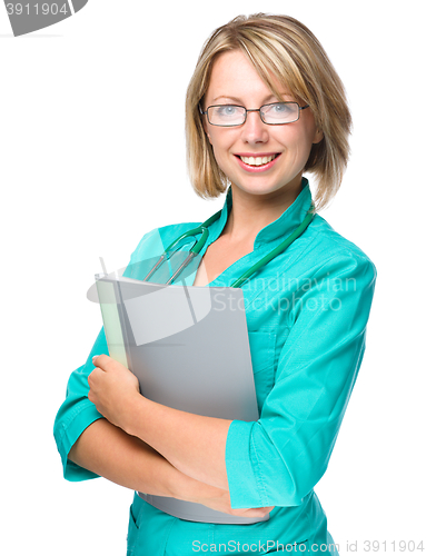 Image of Portrait of a woman wearing doctor uniform
