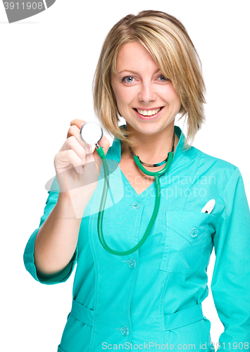 Image of Portrait of a woman wearing doctor uniform
