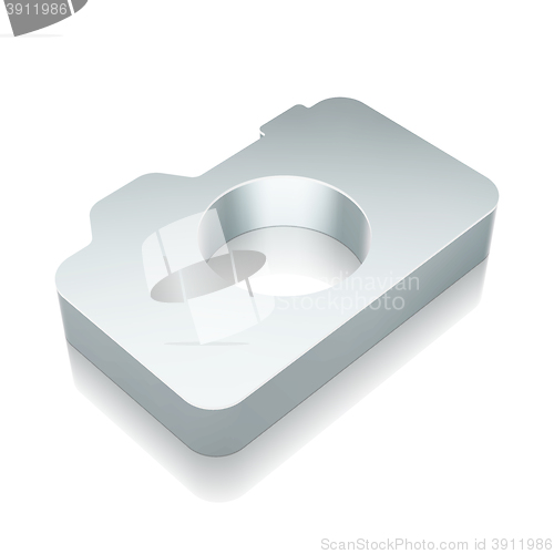 Image of 3d metallic Photo Camera icon with reflection, vector illustration.