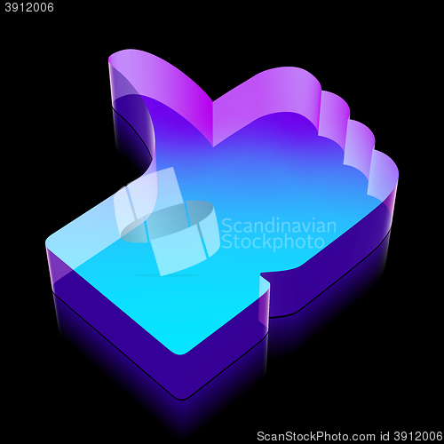 Image of 3d neon glowing Thumb Up icon made of glass, vector illustration.