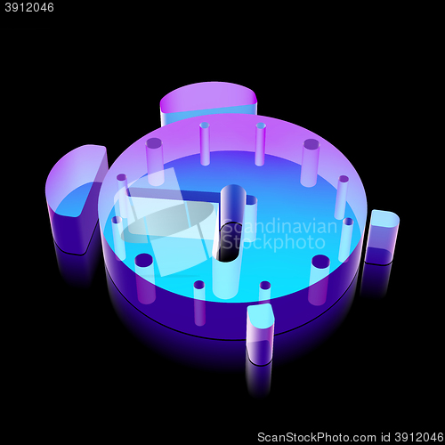 Image of 3d neon glowing Alarm Clock icon made of glass, vector illustration.