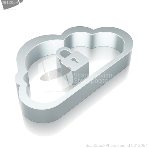 Image of 3d metallic Cloud With Padlock icon with reflection, vector illustration.