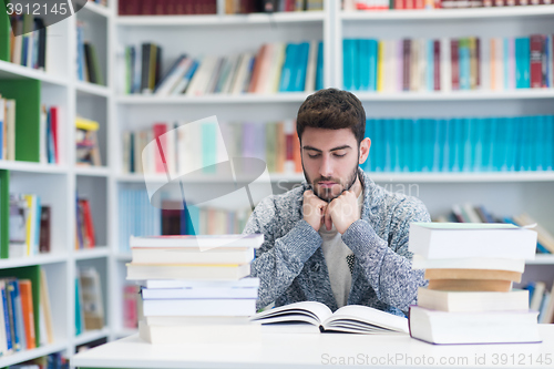 Image of portrait of student while reading book  in school library