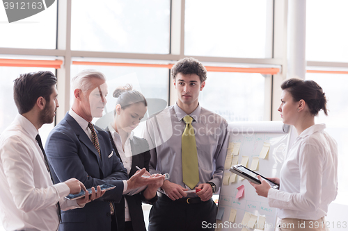 Image of young startup businessman making presentation to senior investio