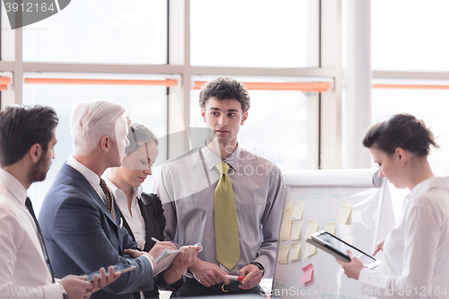 Image of young startup businessman making presentation to senior investio