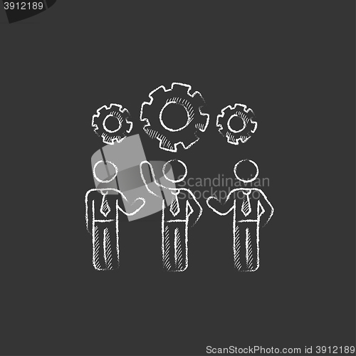 Image of Businessmen under the gears . Drawn in chalk icon.