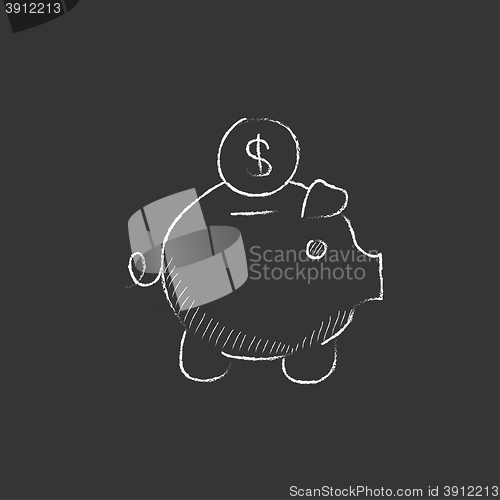 Image of Piggy bank with dollar coin. Drawn in chalk icon.