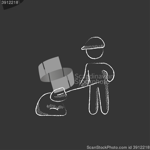 Image of Man with shovel and hill of sand. Drawn in chalk icon.