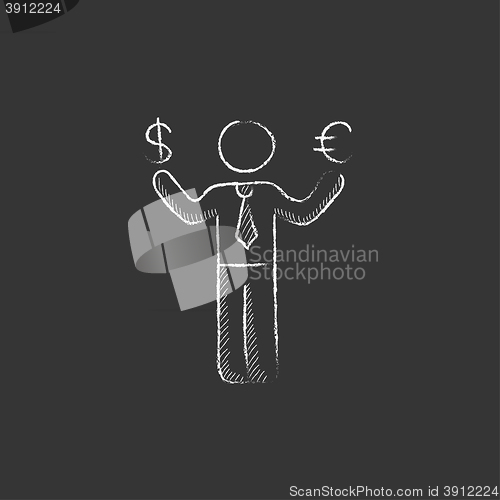 Image of Businessman holding Euro and US dollar. Drawn in chalk icon.