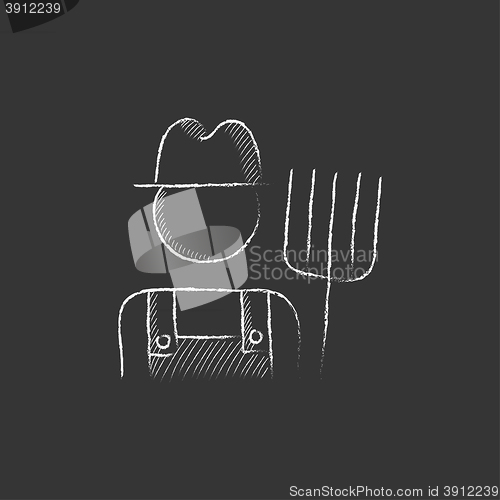 Image of Farmer with pitchfork. Drawn in chalk icon.