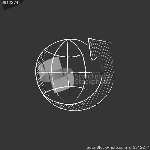 Image of Earth and arrow around. Drawn in chalk icon.