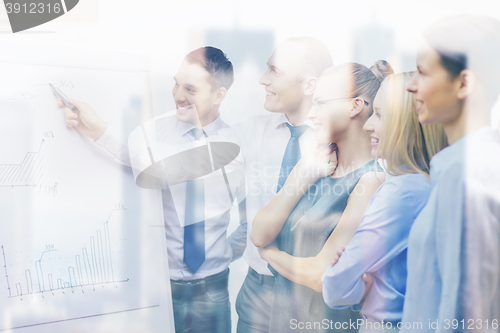 Image of business team with flip board having discussion