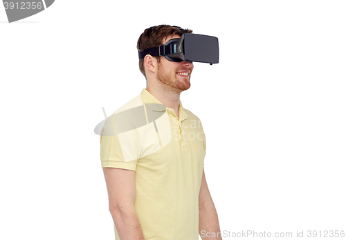 Image of happy man in virtual reality headset or 3d glasses