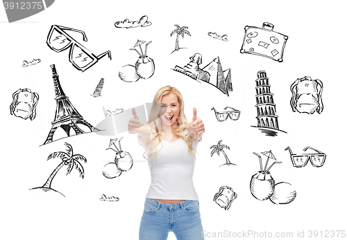 Image of happy young woman or teenage girl in white t-shirt