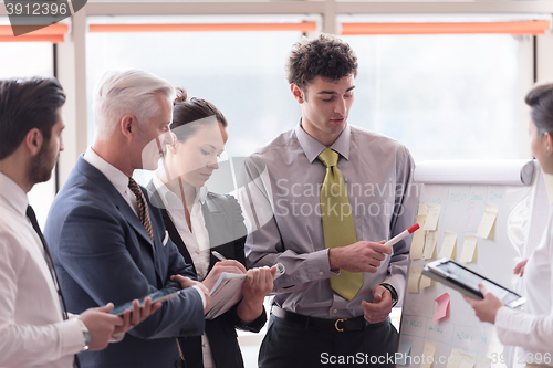 Image of young startup businessman making presentation to senior investio