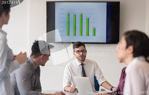 Image of young business people group on team meeting at modern office