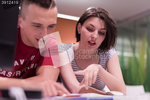Image of technology students group working  in computer lab school  class