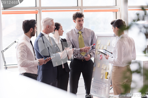 Image of young startup businessman making presentation to senior investio