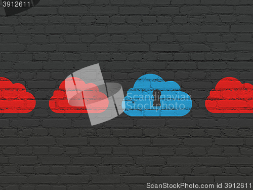 Image of Cloud computing concept: cloud with keyhole icon on wall background