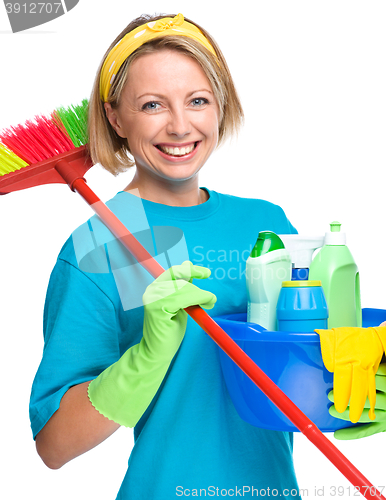 Image of Young woman as a cleaning maid