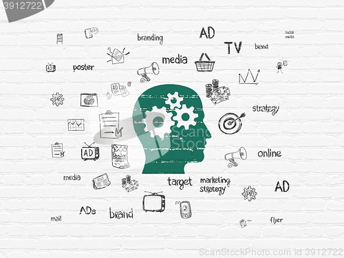 Image of Advertising concept: Head With Gears on wall background