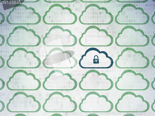 Image of Cloud computing concept: cloud with padlock icon on Digital Data Paper background