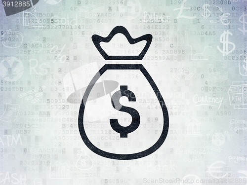 Image of Currency concept: Money Bag on Digital Data Paper background