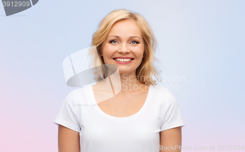 Image of smiling woman in blank white t-shirt