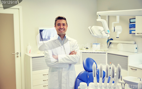 Image of happy male dentist at dental clinic office