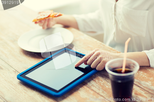 Image of close up of woman with tablet pc counting calories