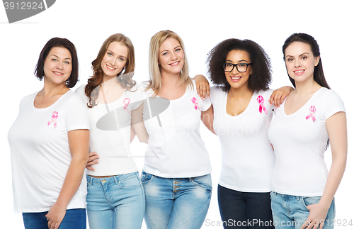 Image of happy women with breast cancer awareness ribbons