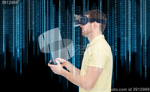 Image of man in virtual reality headset or 3d glasses